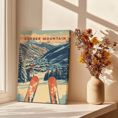 Copper Mountain Travel Poster – Sunset Ski Slopes displayed in a sunny room with a vase of flowers.
