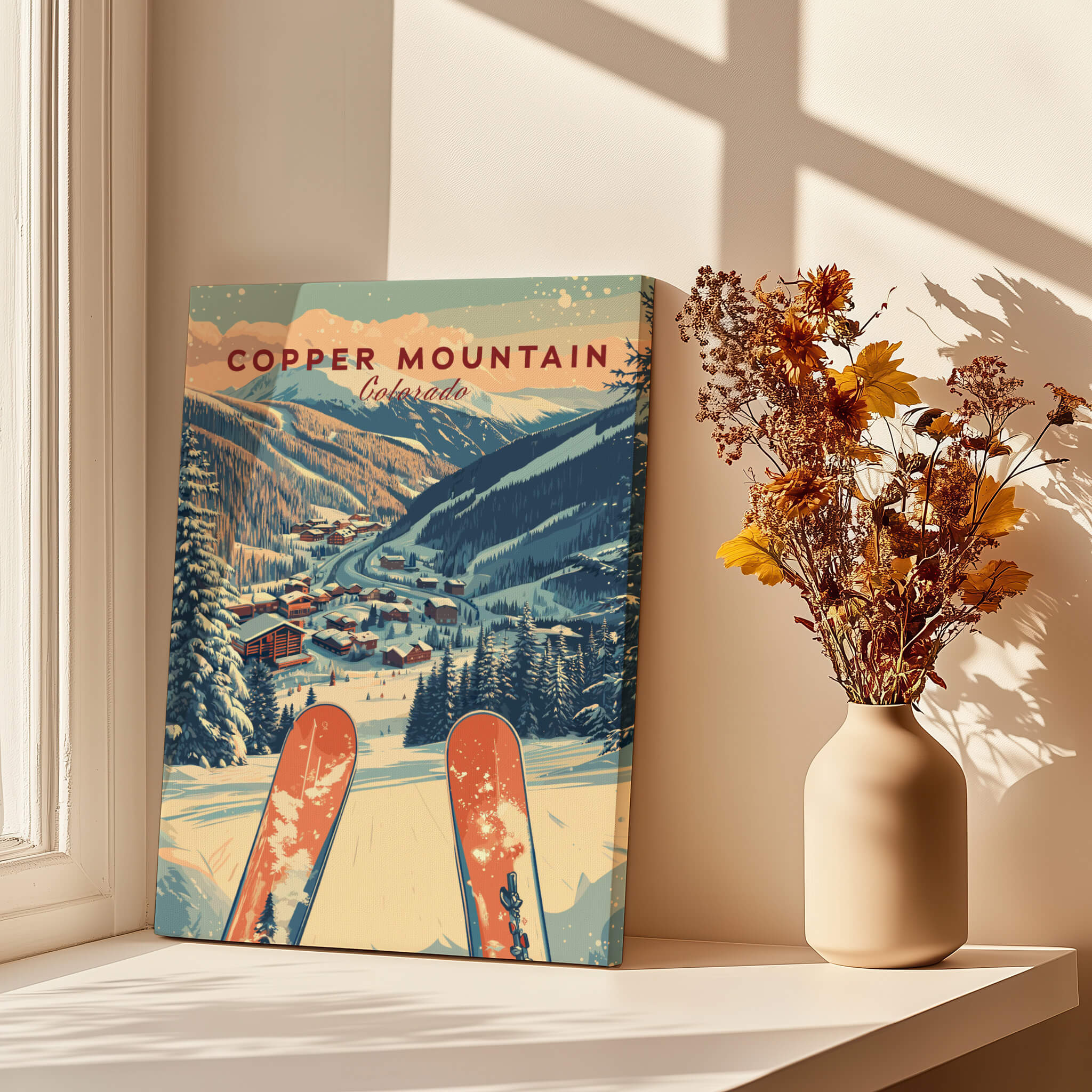 Copper Mountain Travel Poster – Sunset Ski Slopes displayed in a sunny room with a vase of flowers.