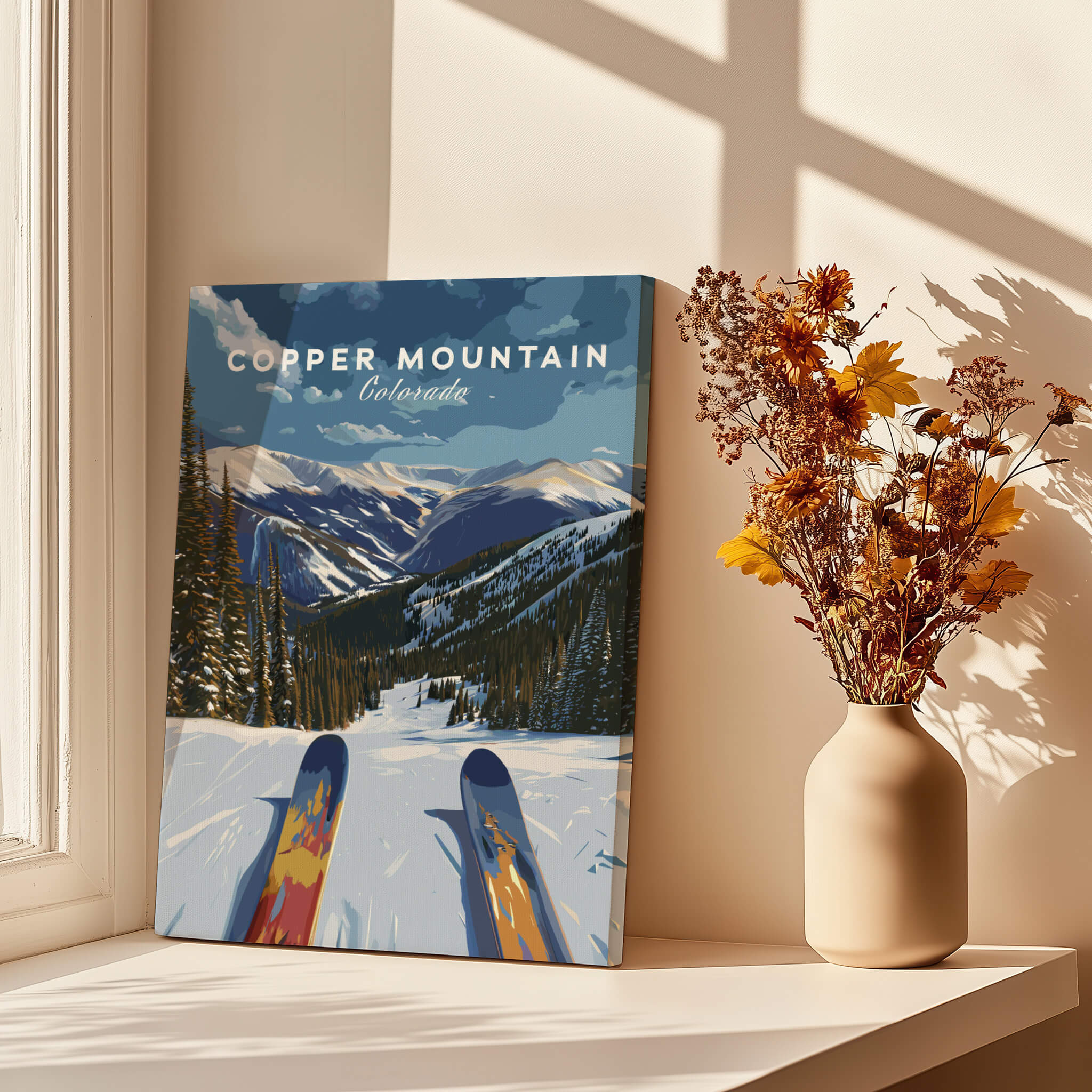 Ski Print Copper Mountain Colorado showcasing stunning alpine scenery and ski slopes in a cozy home setting.