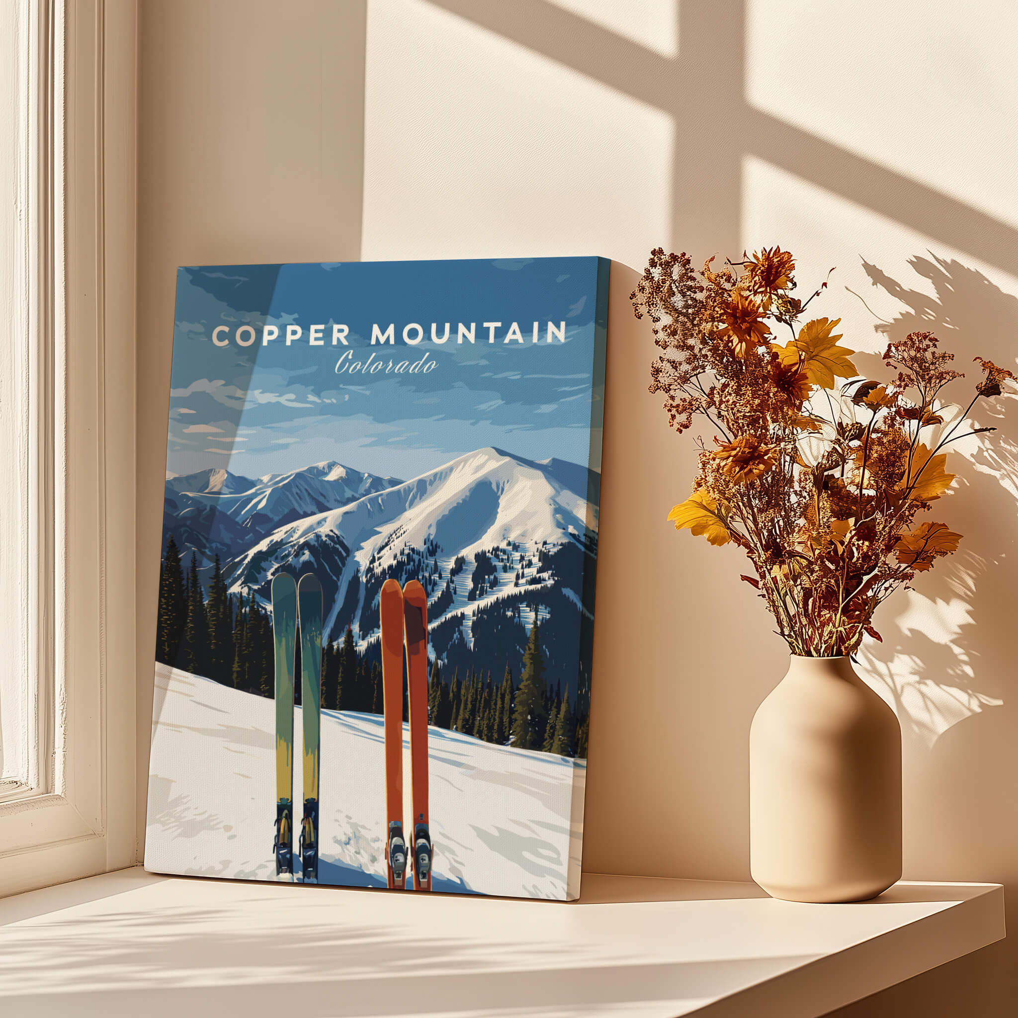 Copper Mountain Travel Poster – Colorado Mountain Summit & Ski Art Print featuring skis and stunning peaks.
