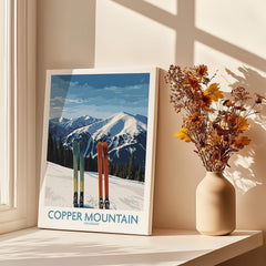 Copper Mountain Ski Wall Art Ski Print featuring skis against a snowy mountain backdrop in a warm, sunlit room.