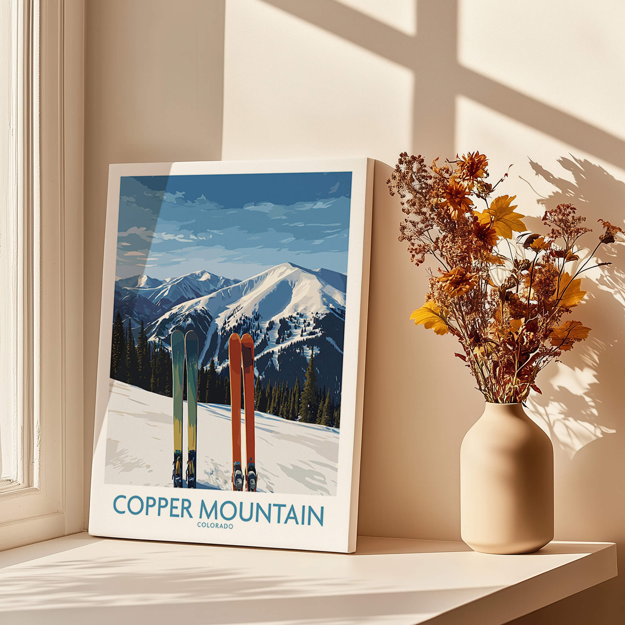 Copper Mountain Ski Wall Art Ski Print featuring skis against a snowy mountain backdrop in a warm, sunlit room.