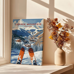 Copper Mountain Ski Poster – Winter Ski Village & Snowy Mountain Art displayed in a cozy indoor setting.