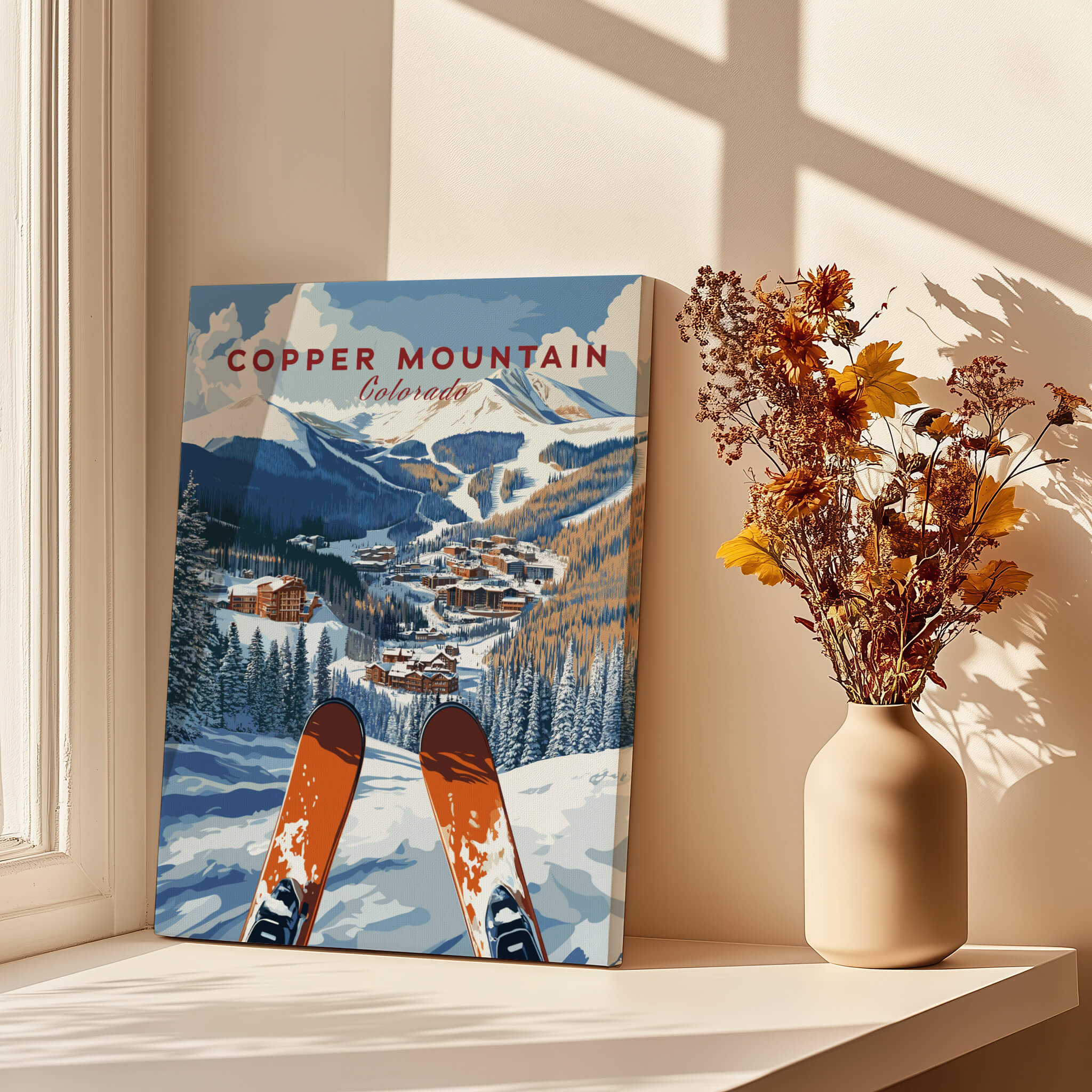 Copper Mountain Ski Poster – Winter Ski Village & Snowy Mountain Art displayed in a cozy indoor setting.