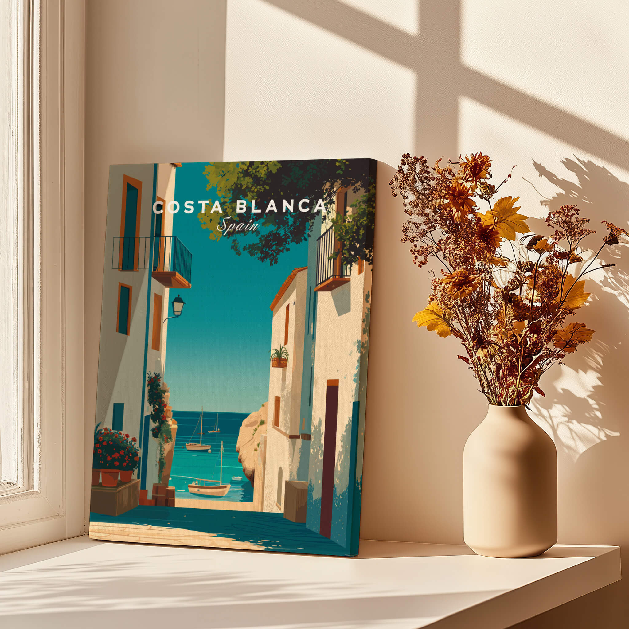 Costa Blanca Spain Print – Iconic White Village & Mediterranean Architecture Wall Decor showcasing a sunlit coastal scene.