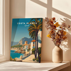 Costa Blanca Travel Poster - Spain Canvas Print showcasing stunning coastal scenery and vibrant colors in a serene setting.