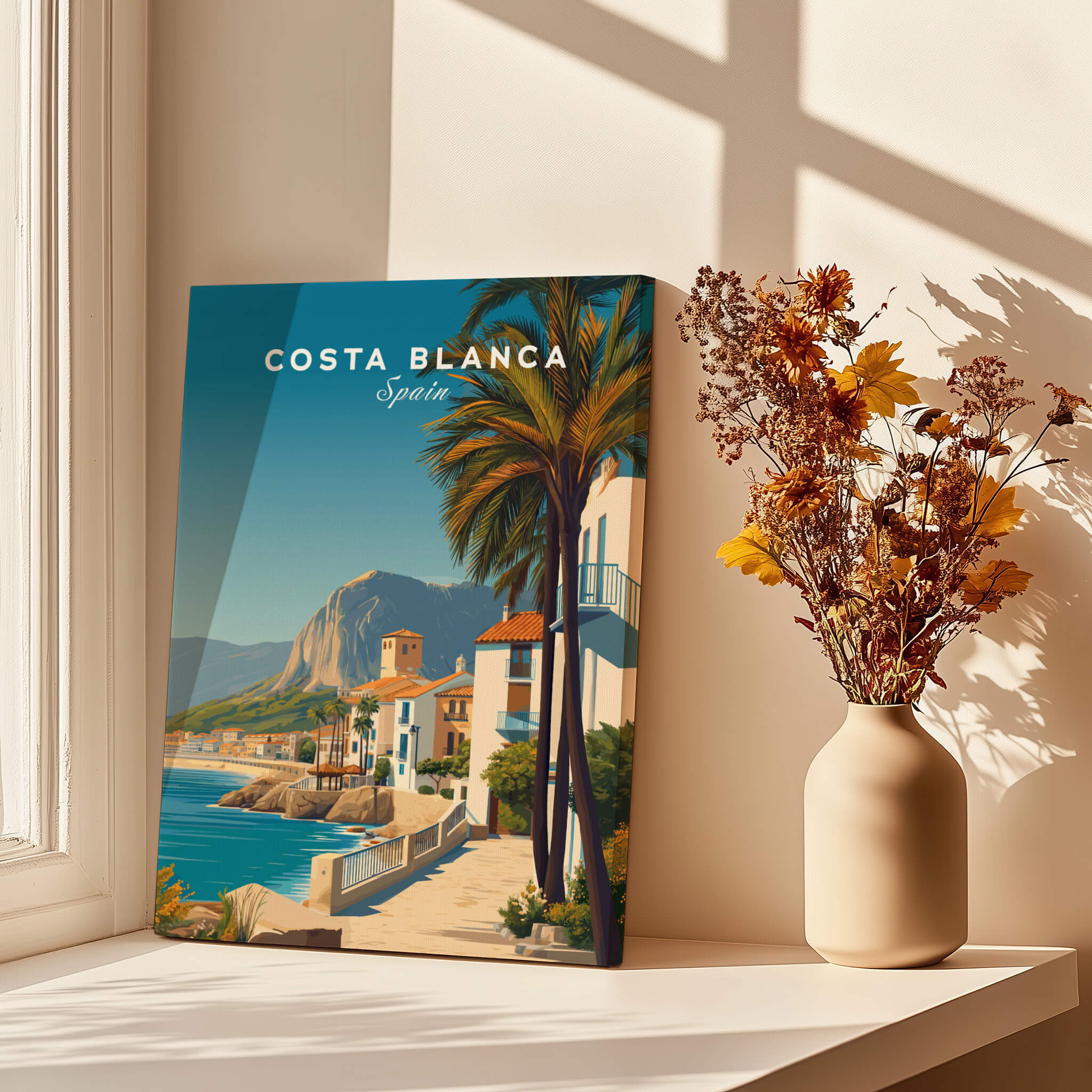 Costa Blanca Travel Poster - Spain Canvas Print showcasing stunning coastal scenery and vibrant colors in a serene setting.