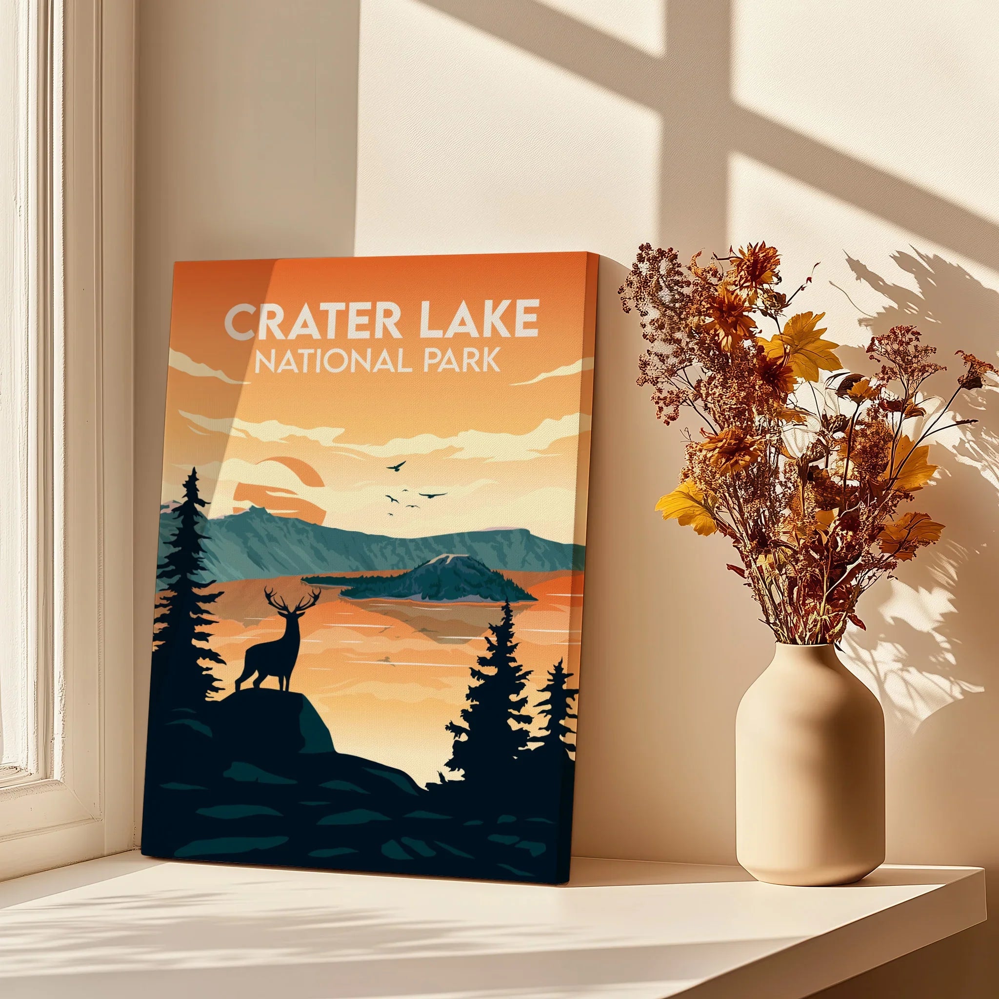 Crater Lake National Park canvas art print on windowsill with autumn flowers in vase, natural light