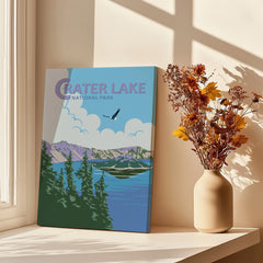 Crater Lake National Park canvas print on windowsill with vase of dried flowers