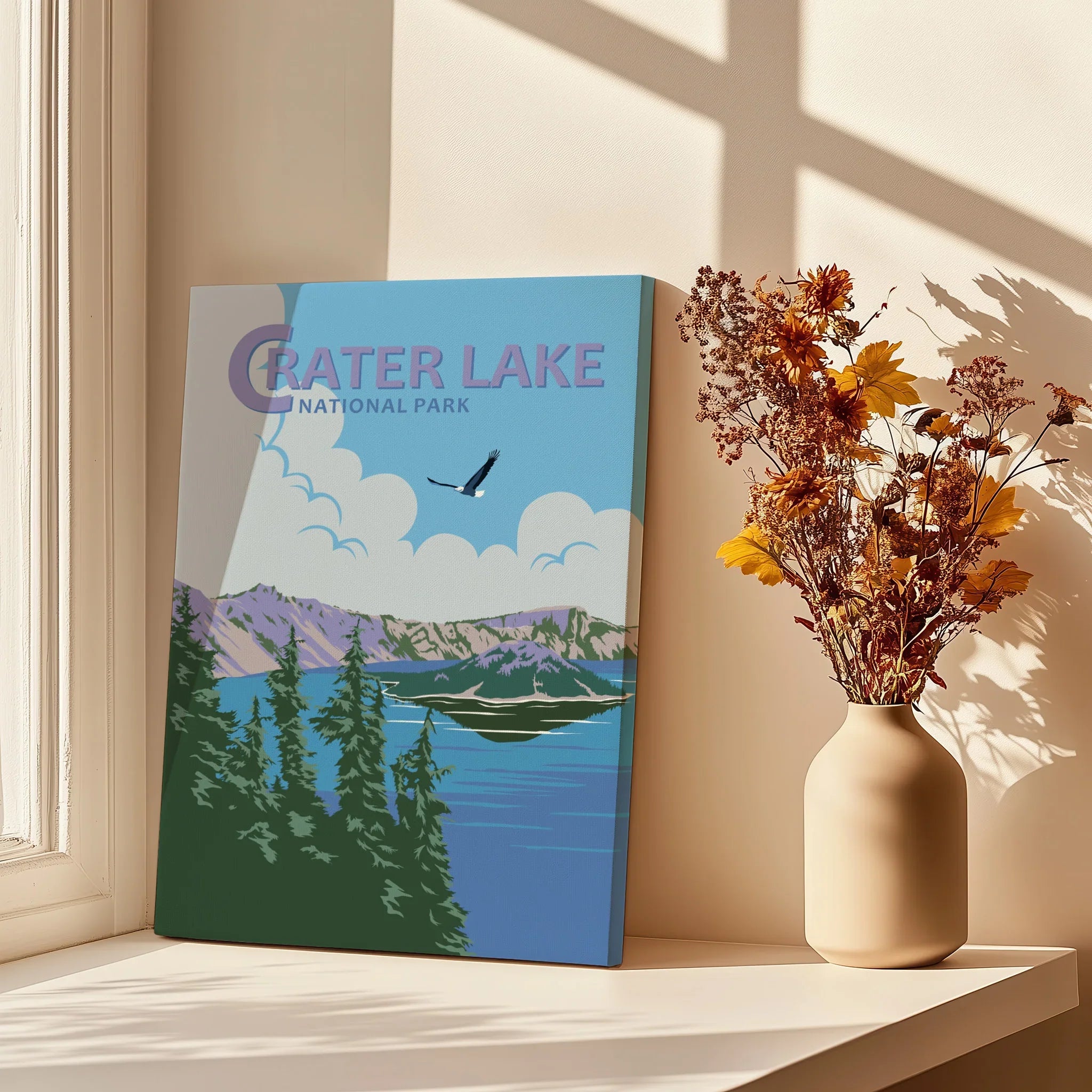 Crater Lake National Park canvas print on windowsill with vase of dried flowers