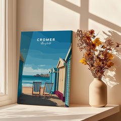 Cromer Travel Poster – Norfolk Beach Huts Art Print showcasing colorful beach huts by the sea in Cromer, England.
