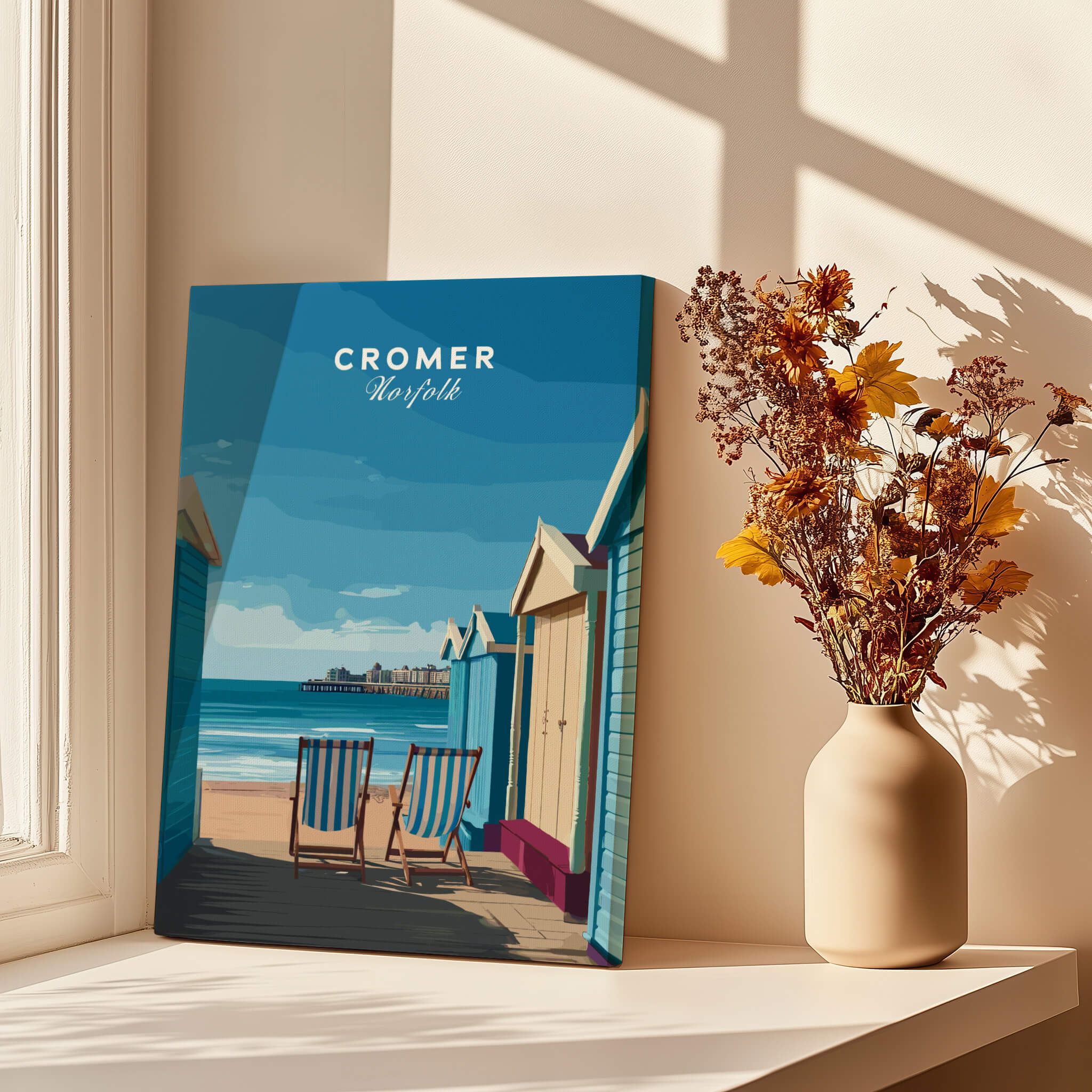 Cromer Travel Poster – Norfolk Beach Huts Art Print showcasing colorful beach huts by the sea in Cromer, England.