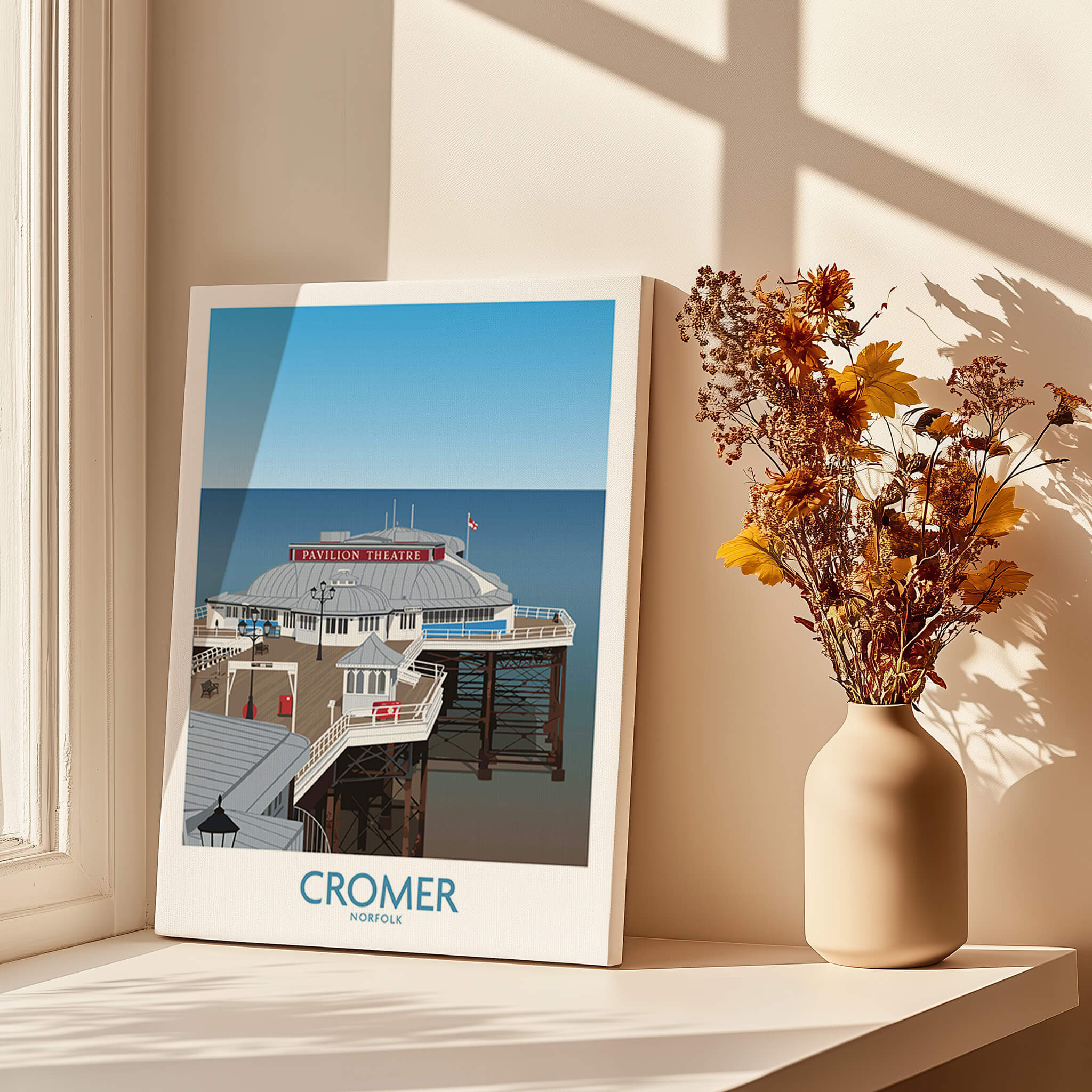 Cromer Norfolk Wall Art – Historic Seaside Pier Art Print displayed beside flowers in a vase, highlighting its nautical charm.