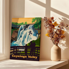 Cuyahoga Valley National Park waterfall canvas print on windowsill with vase of dried flowers