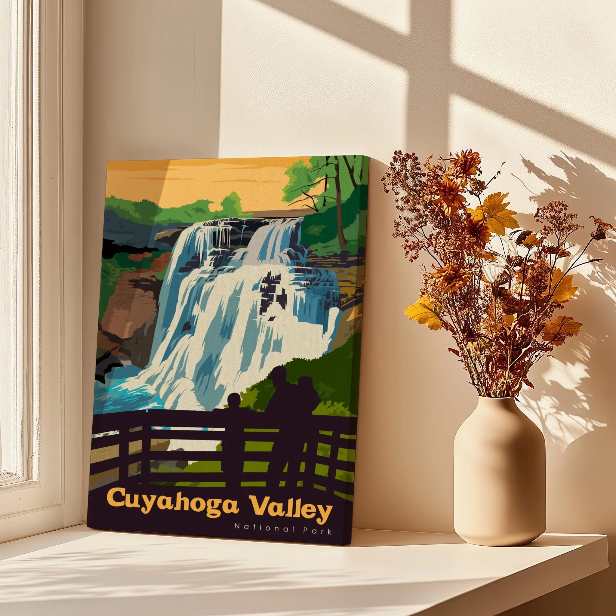 Cuyahoga Valley National Park waterfall canvas print on windowsill with vase of dried flowers