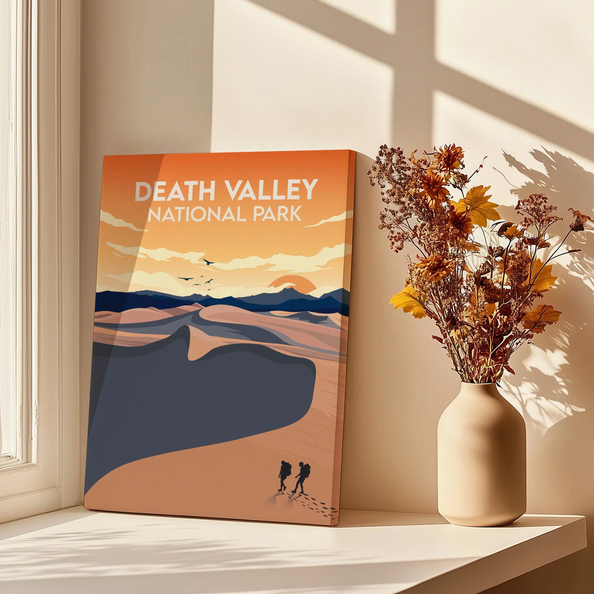 Death Valley National Park canvas art print on windowsill with dried flowers and sunlight