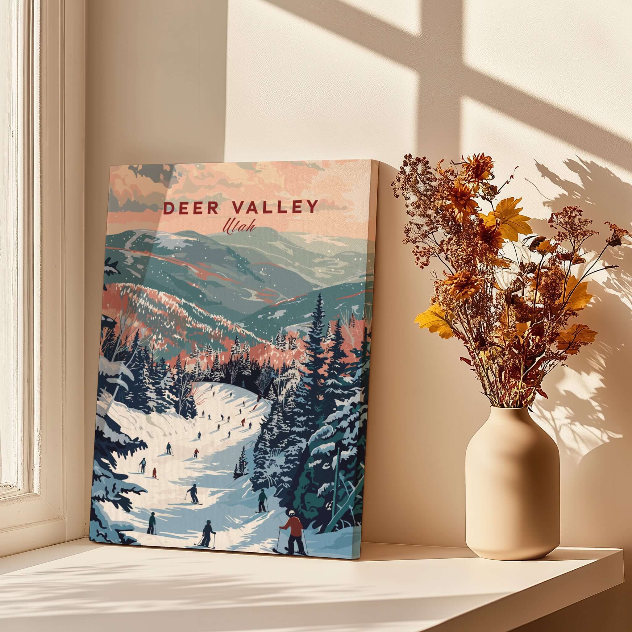 Deer Valley Ski Print - Utah showcasing skiers on snowy slopes with mountains and a vase of flowers.