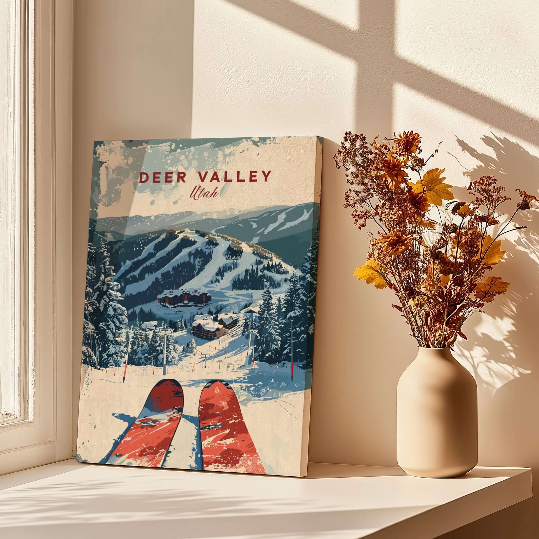 Deer Valley Ski Poster showcasing beautiful slopes and vibrant colors, perfect for ski enthusiasts and home decor.
