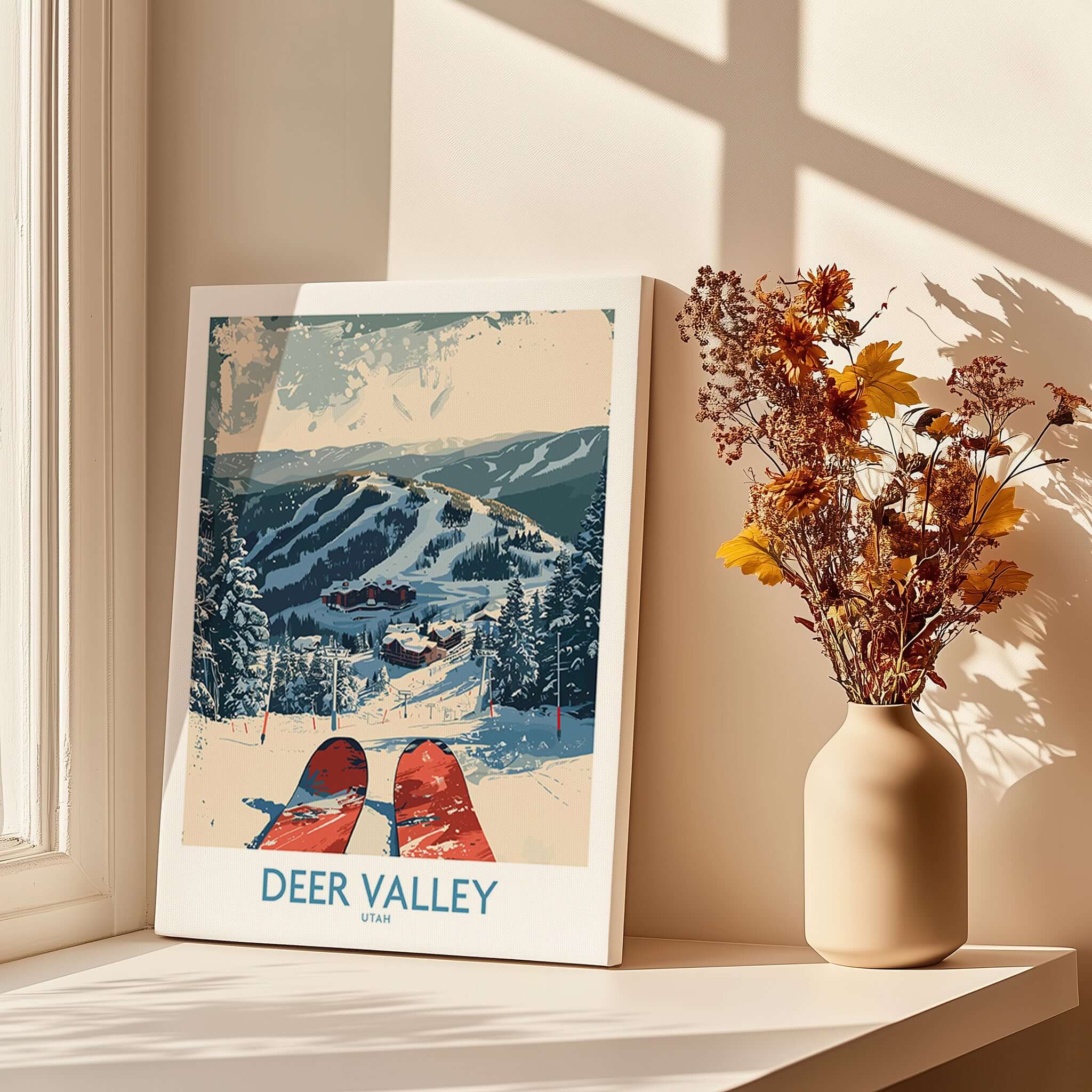 Deer Valley Wall Art featuring a ski scene with red skis and mountains, bringing winter scenery into your home.