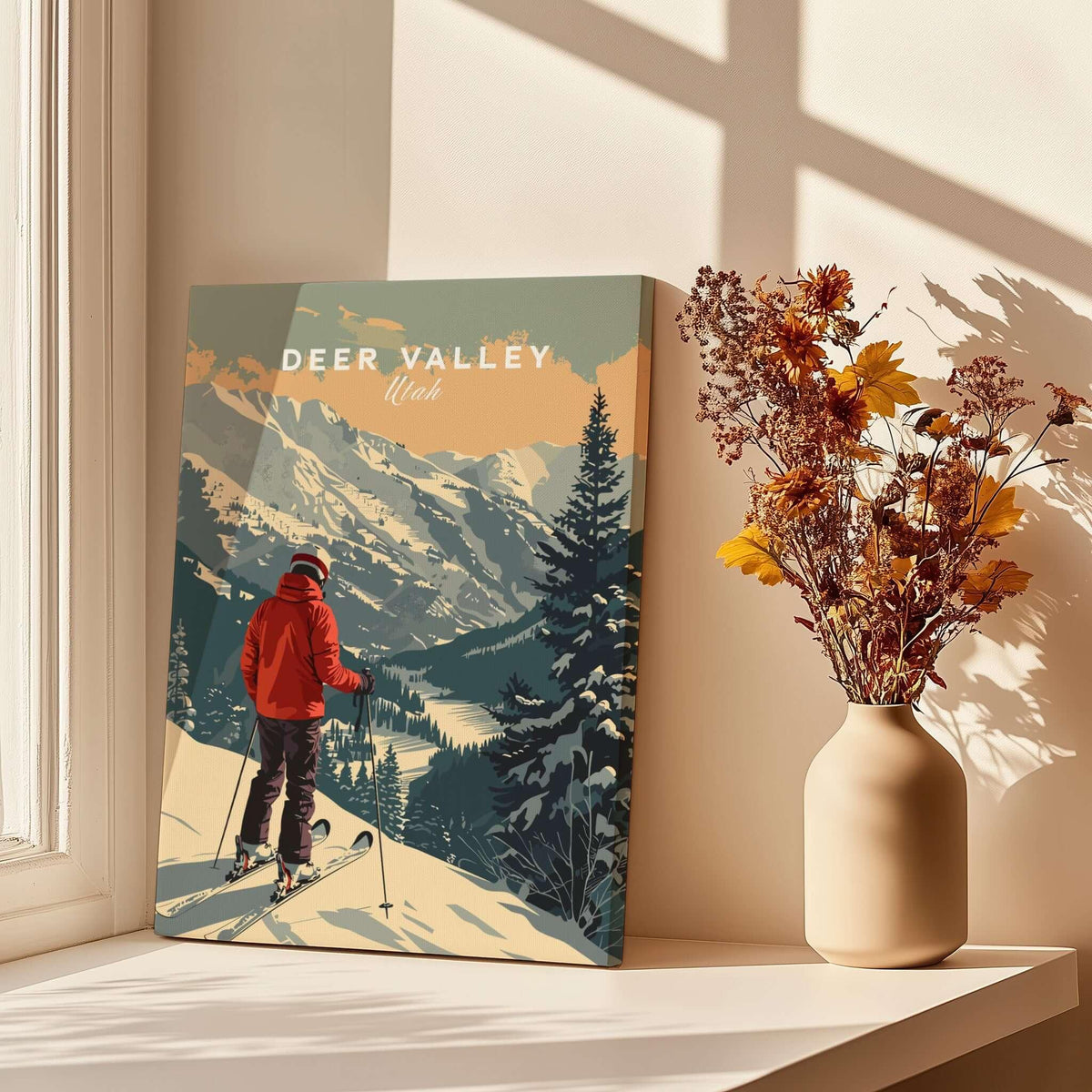 Deer Valley Print Utah ski poster displayed indoors with winter landscape and skier in a cozy setting.