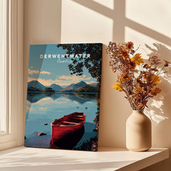 Derwentwater Travel Poster – Lake District Art Print featuring a red boat on tranquil waters and mountains in the background.