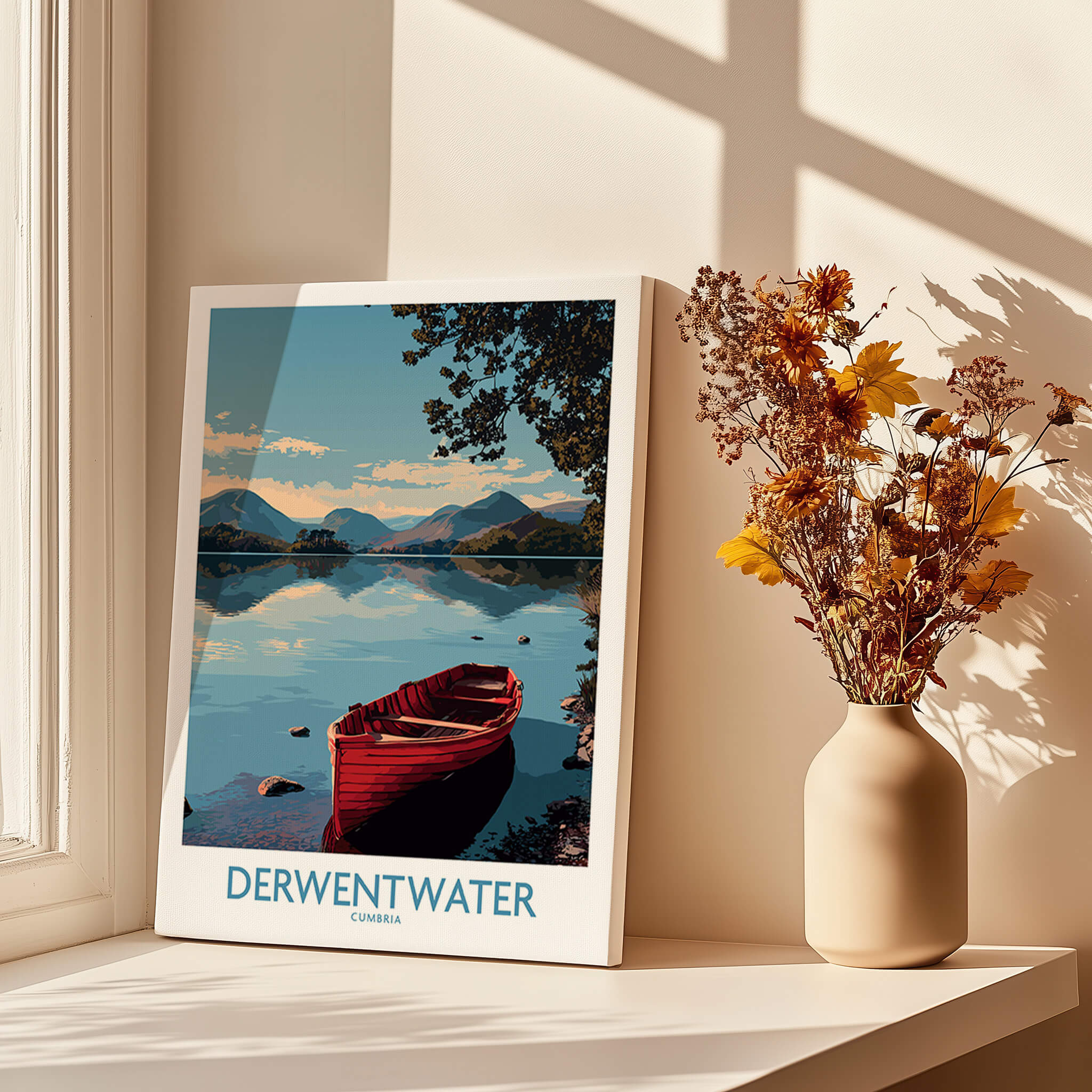 Derwentwater Cumbria Wall Art – Mountain Lake Landscape Print featuring a red boat on tranquil waters.