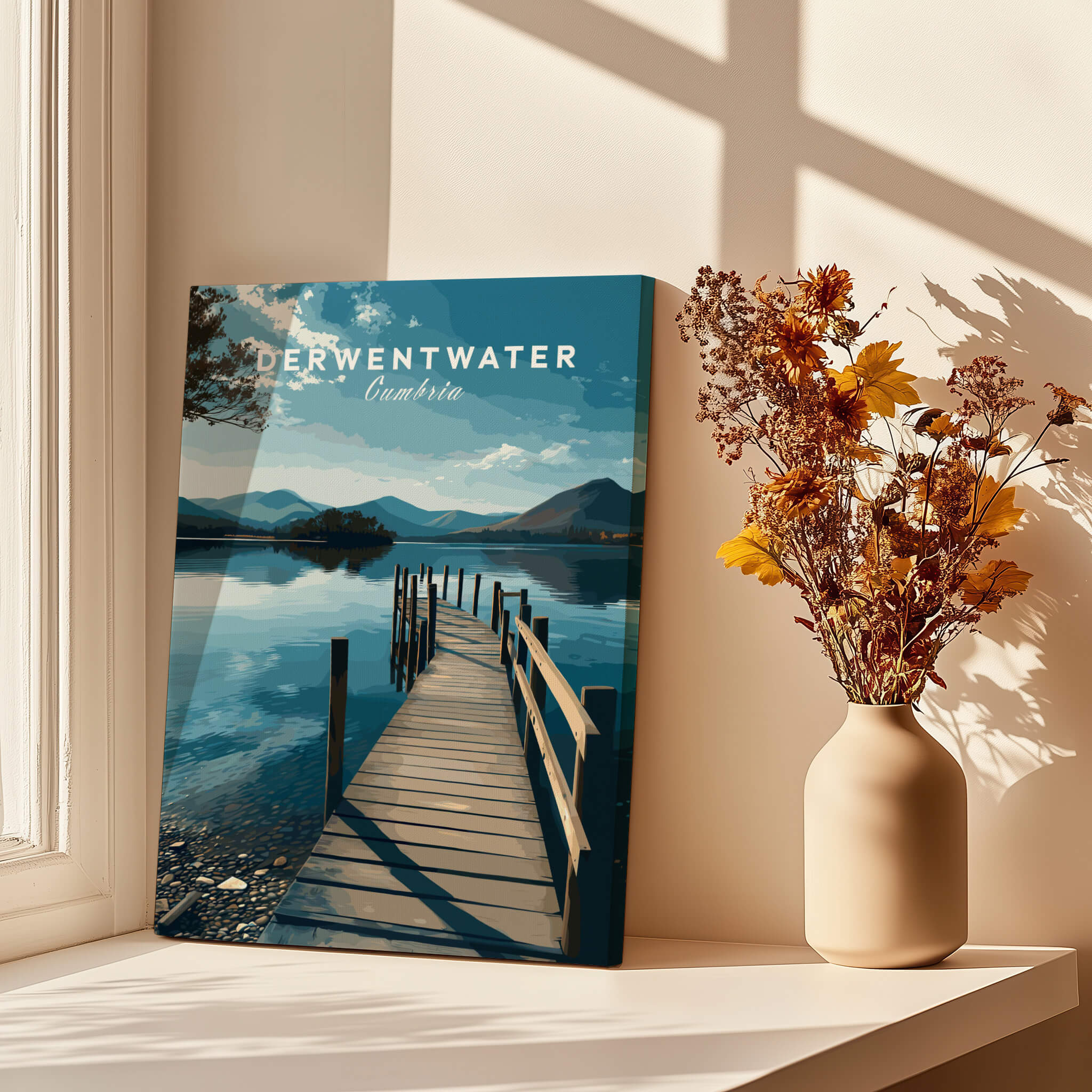 Derwentwater Travel Poster – Lake District Canvas Print showcasing a serene lakeside view with mountains in the background.