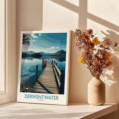 Derwentwater Cumbria Wall Art – Scenic Lake Pier Art Print displayed indoors with flowers.