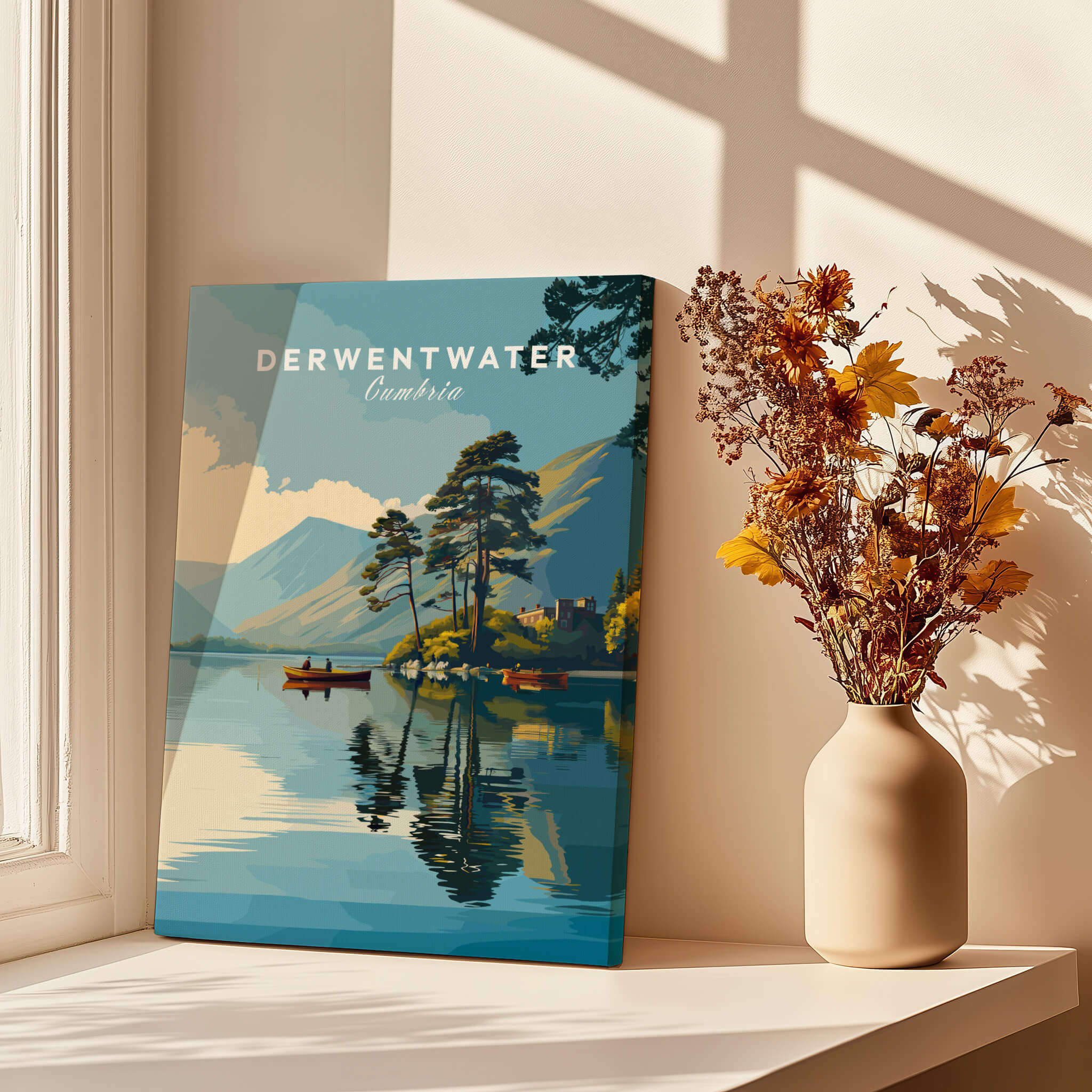 Derwentwater Print – Lake District Sunset Poster beautifully displayed by a window with a vase of flowers.