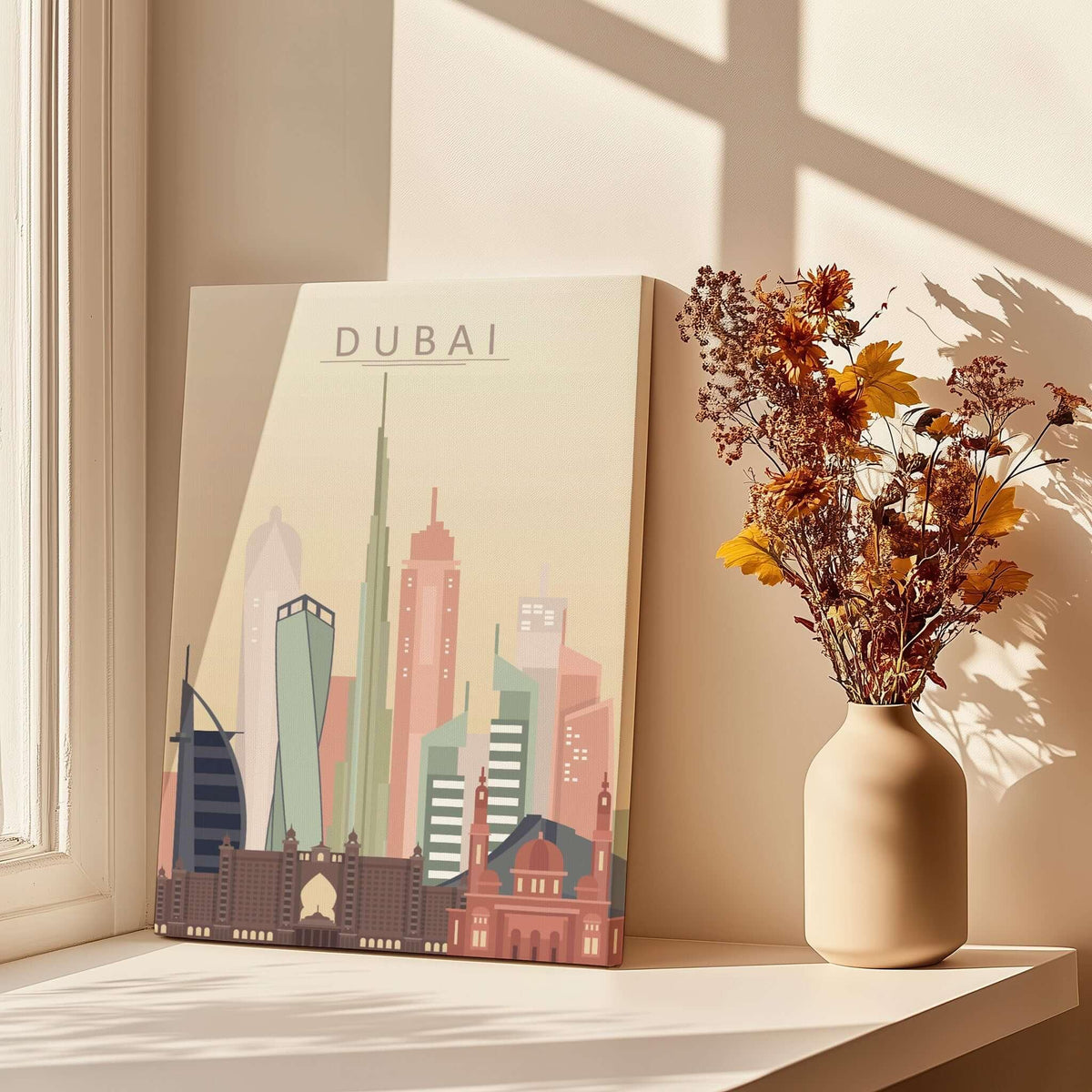 Dubai Wall Art | City Skyline Print showcasing the iconic Dubai skyline in soft tones, perfect for modern decor.