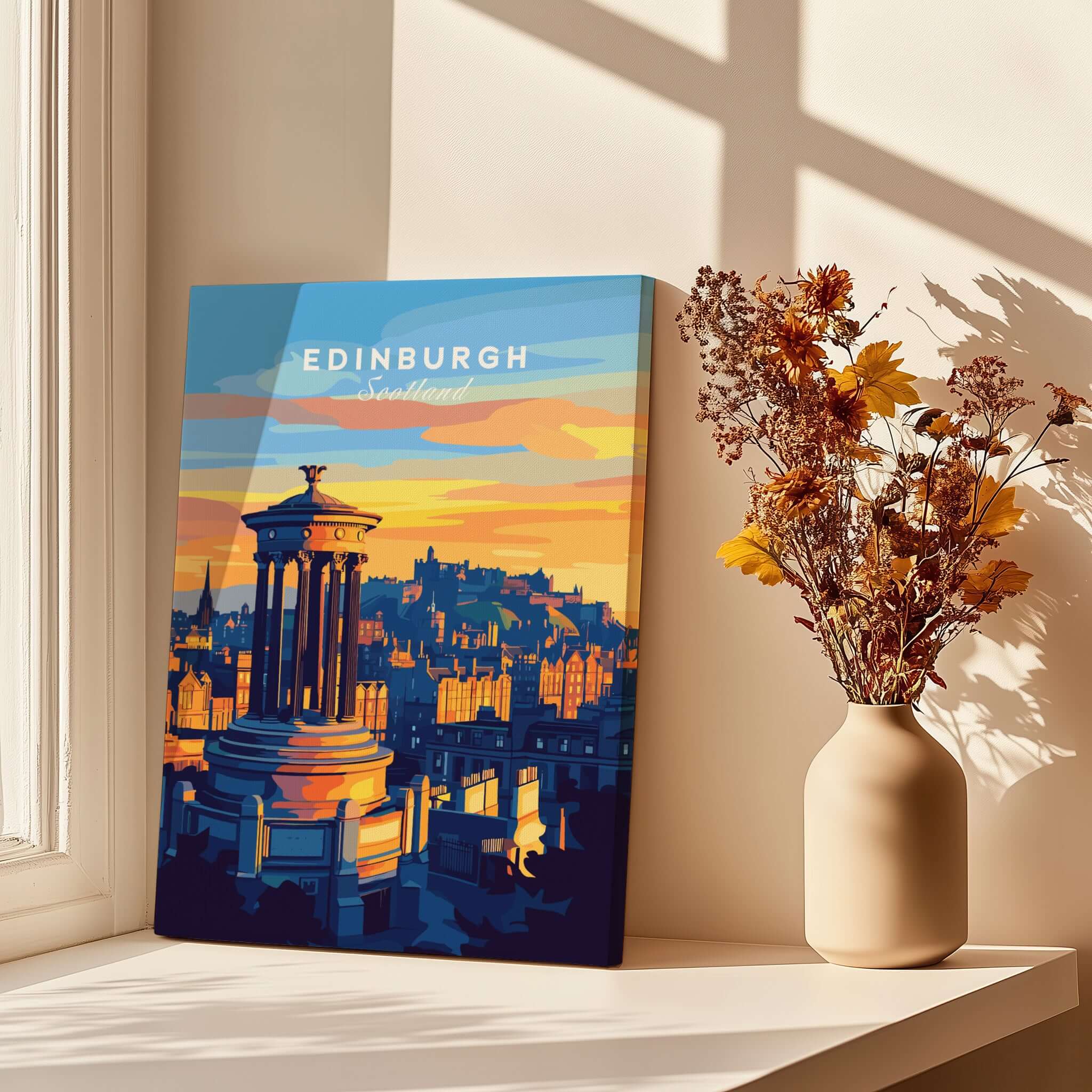 Edinburgh Travel Print featuring stunning skyline and architecture of Edinburgh during sunset.
