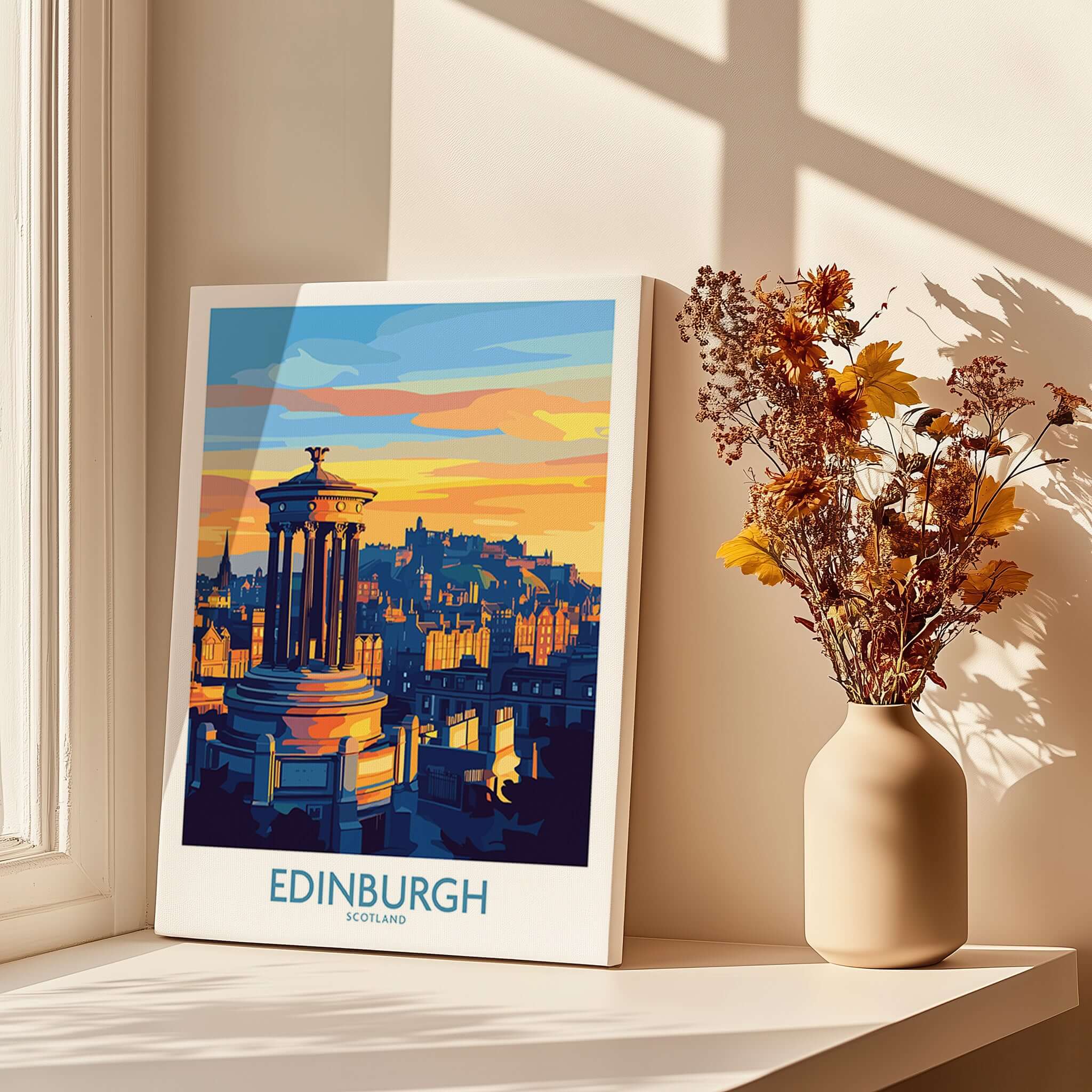 Edinburgh Travel Poster showcasing the iconic skyline and landmarks of Scotland during sunset.
