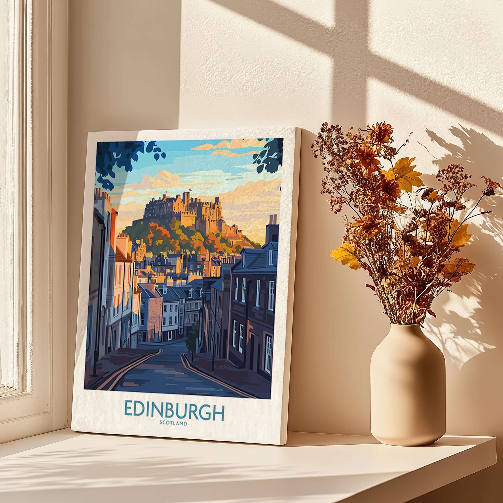 Edinburgh Wall Art Print showcasing the iconic Edinburgh castle in a beautifully designed artwork.