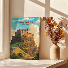 Edinburgh Poster Print showcasing Edinburgh Castle art against a cozy interior backdrop with flowers.