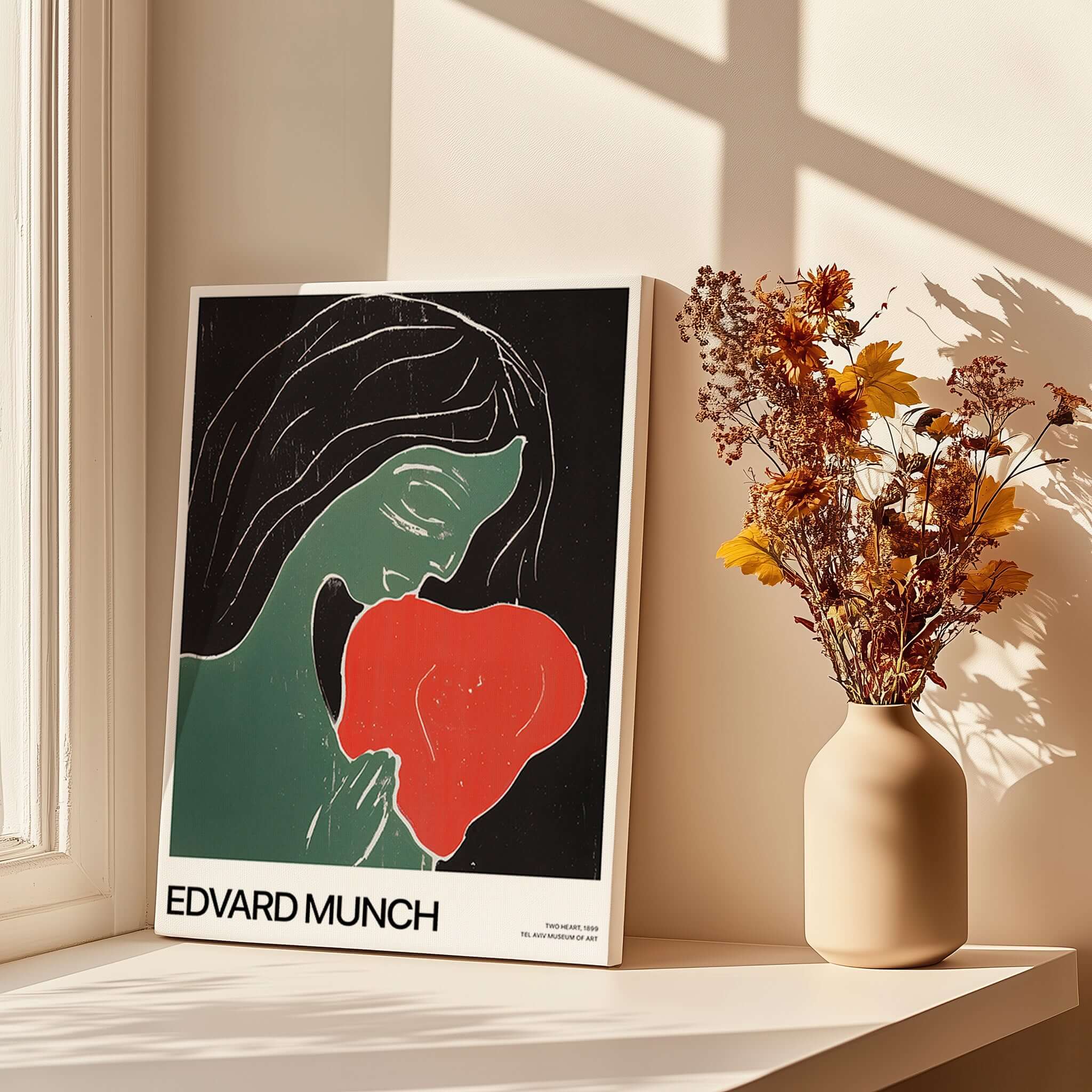 Edvard Munch Art Print - Edvard Munch Two Heart c1899 Woodcut - Symbolist Love Poster displayed by a window with flowers.