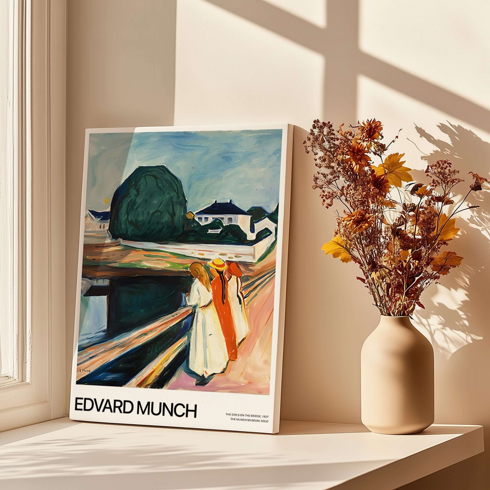 Edvard Munch Art Print - The Girls on the Bridge 1927 Painting - Museum Poster displayed on a shelf with flowers.