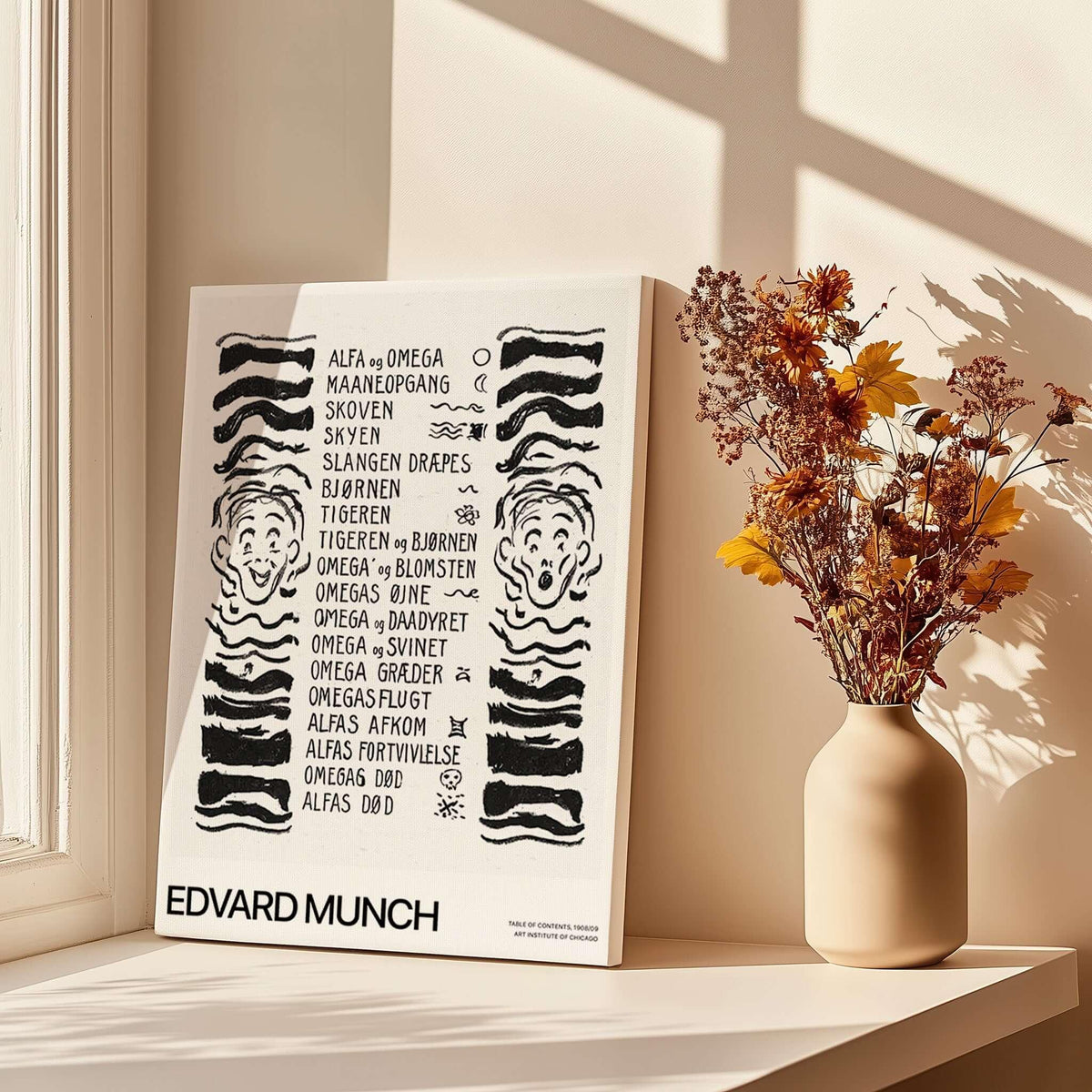 Edvard Munch Art Print - Table of Contents Alpha Omega Series Print Art Institute of Chicago Poster displayed with flowers.