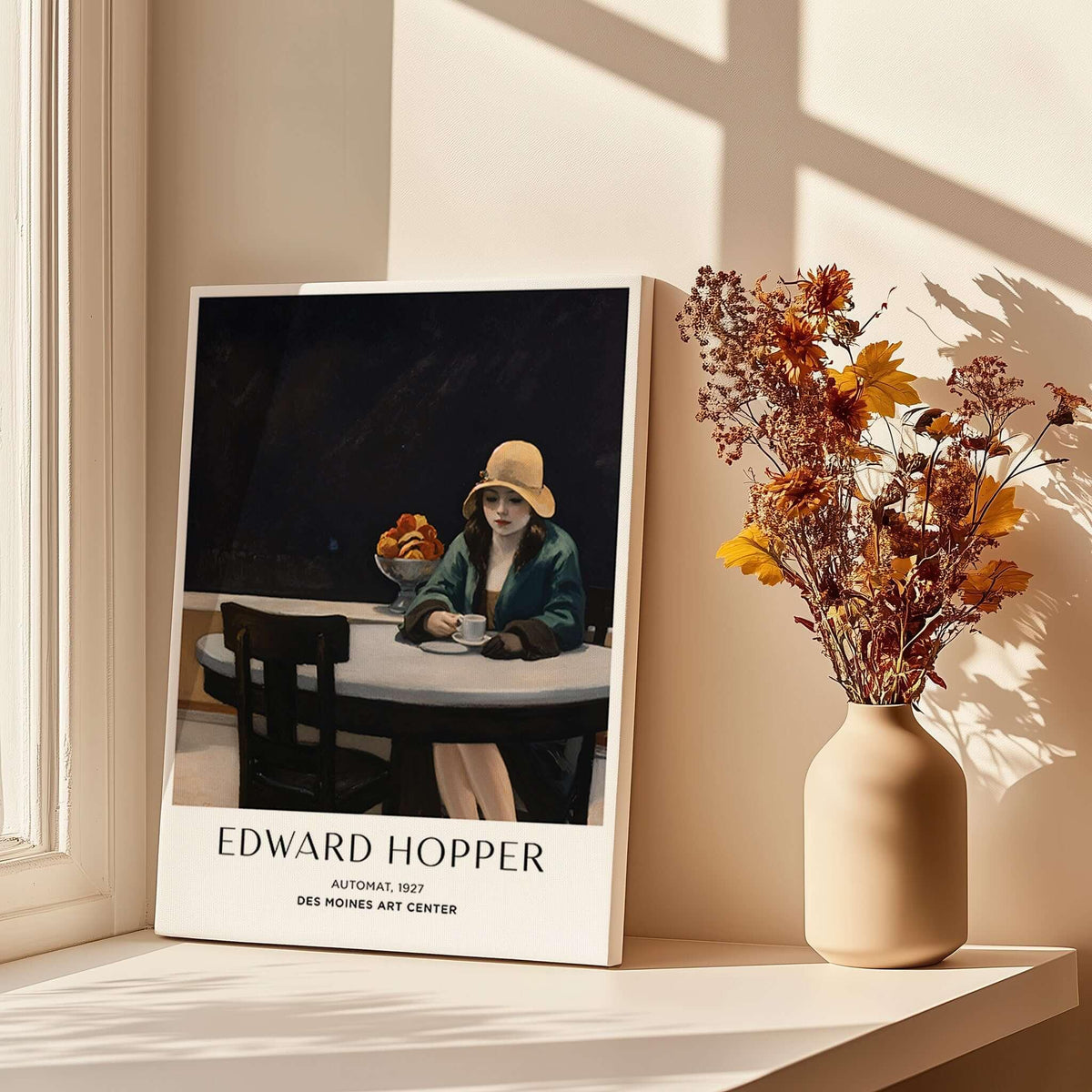 Edward Hopper Automat 1927 Des Moines Art Center Poster Print displayed beside flowers in a vase.