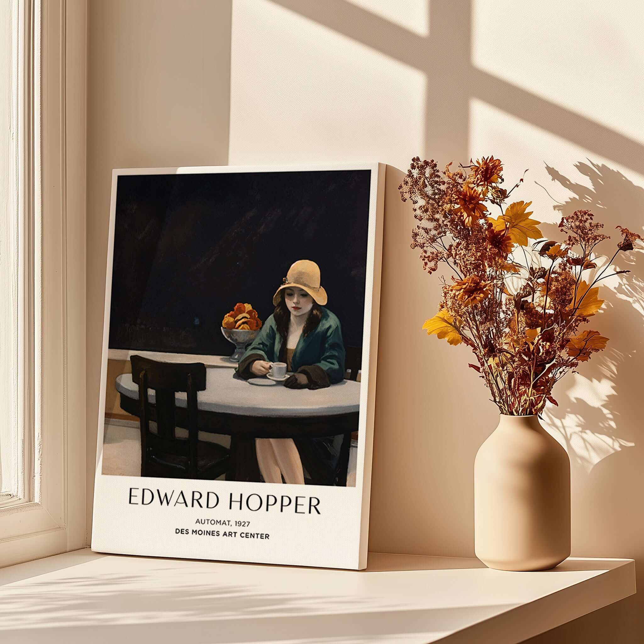 Edward Hopper Automat 1927 Des Moines Art Center Poster Print displayed beside flowers in a vase.