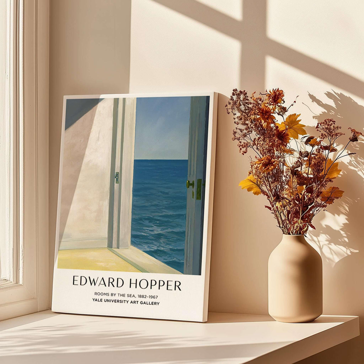 Edward Hopper Rooms by the Sea 1951 Yale University Art Print Poster displayed by a sunlit window with flowers.