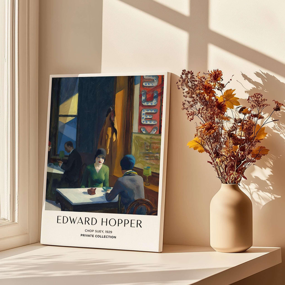 Edward Hopper Chop Suey 1929 Art Print Poster - Urban Restaurant Scene displayed on a table with flowers.