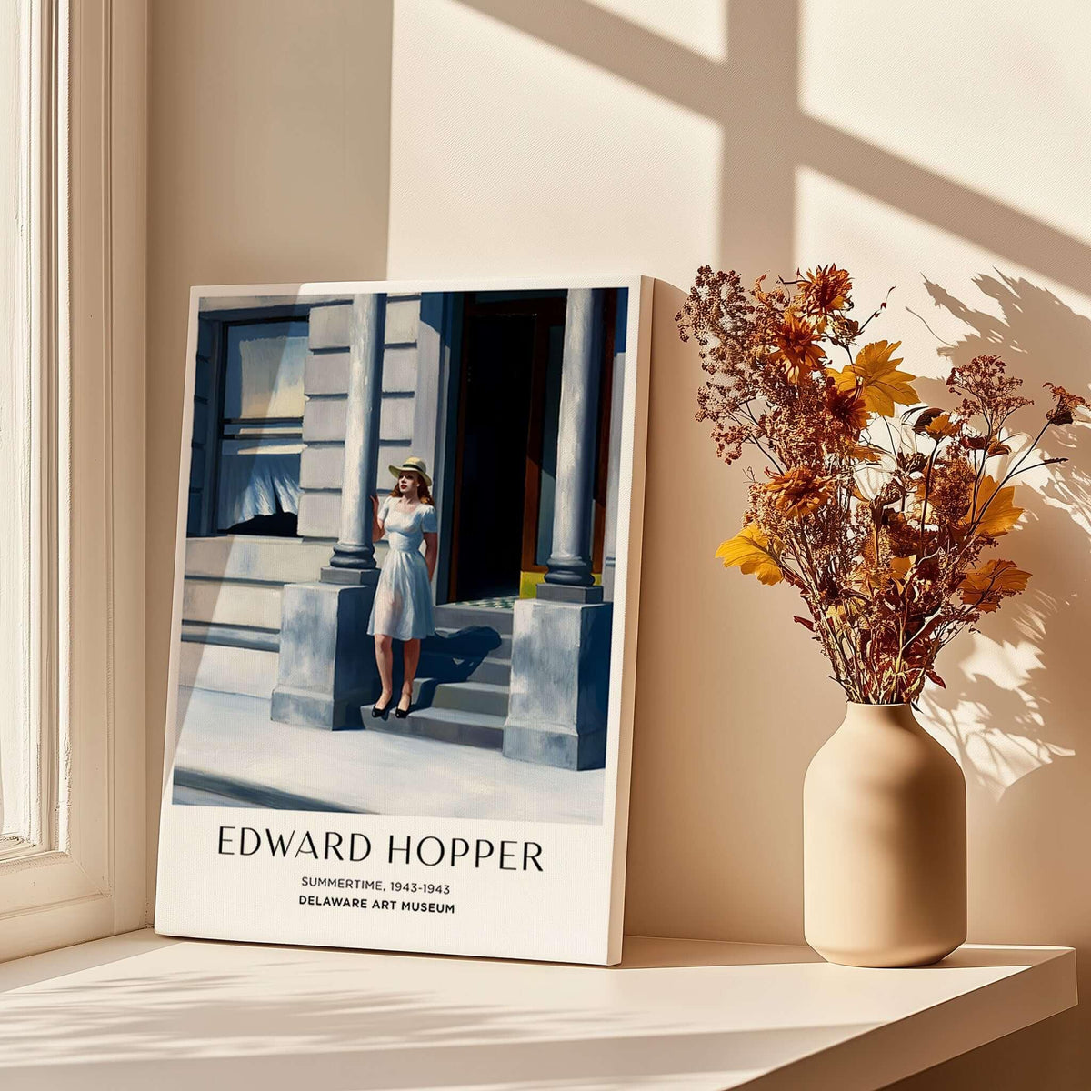 Edward Hopper Summertime 1943 Delaware Art Museum Art Print displayed beside a vase with dried flowers.