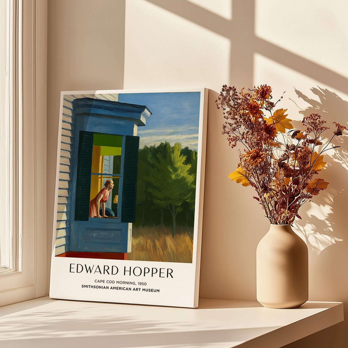 Edward Hopper Cape Cod Morning 1950 Art Print Poster -  American Realism displayed on a windowsill with flowers.
