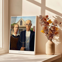Exhibition Art Print American Gothic Grant Wood Famous Painting Wall Art Poster displayed by a vase on a windowsill.