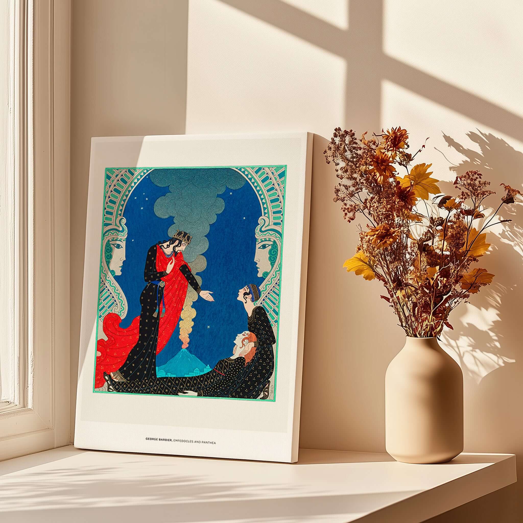 Exhibition Art Print George Barbier Empedocles Panthea Art Deco Mythology Poster Wall Art displayed on a table with flowers.