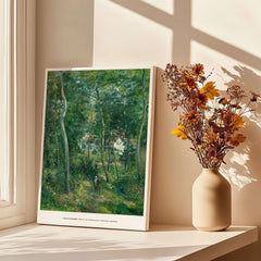 Exhibition Art Print Camille Pissarro Edge of the Woods Impressionist Landscape Poster Wall Art displayed in a bright room.