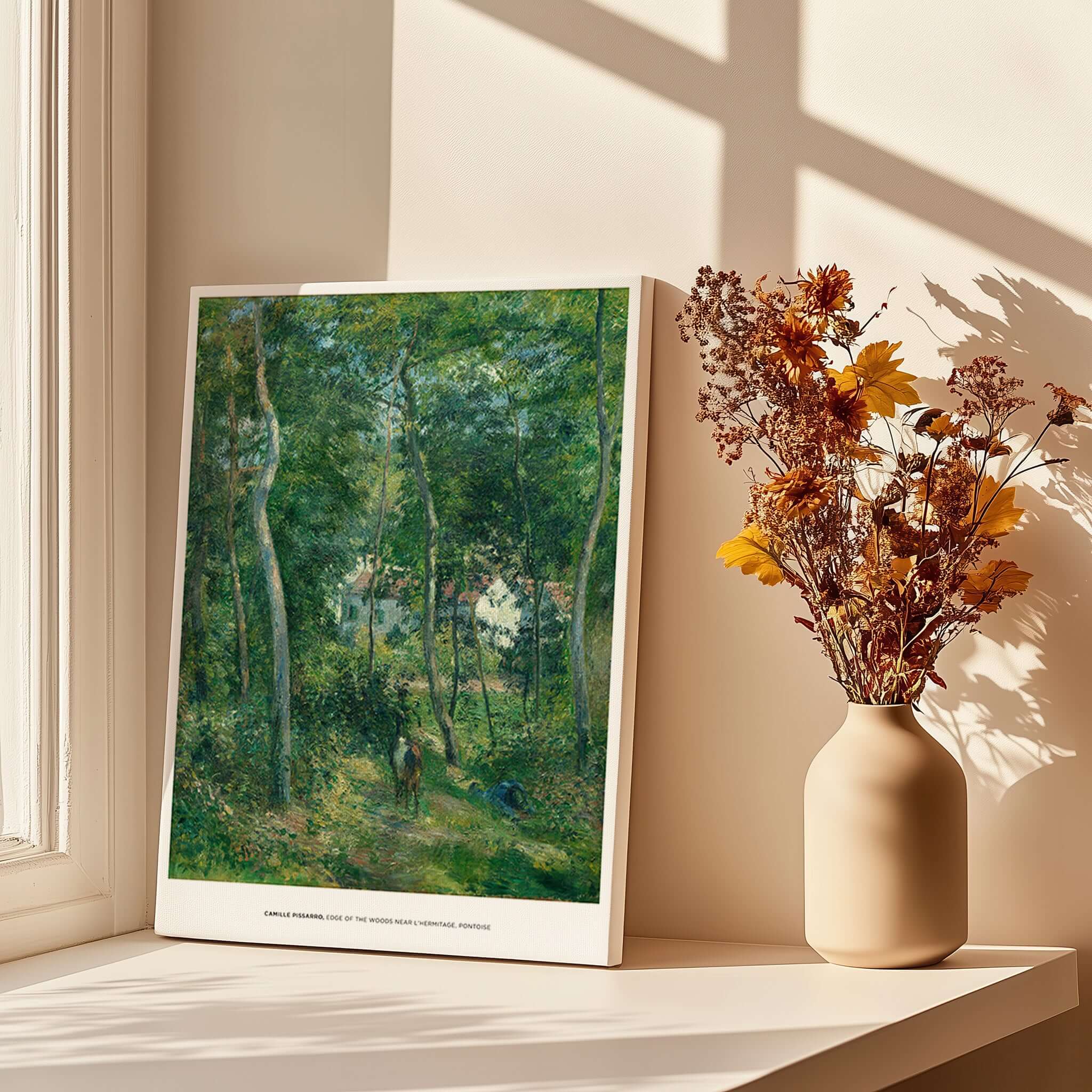 Exhibition Art Print Camille Pissarro Edge of the Woods Impressionist Landscape Poster Wall Art displayed in a bright room.