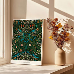 Exhibition Art Print William Morris Tulip Famous Pattern Arts Crafts Floral Poster Wall Art displayed in a sunlit room.