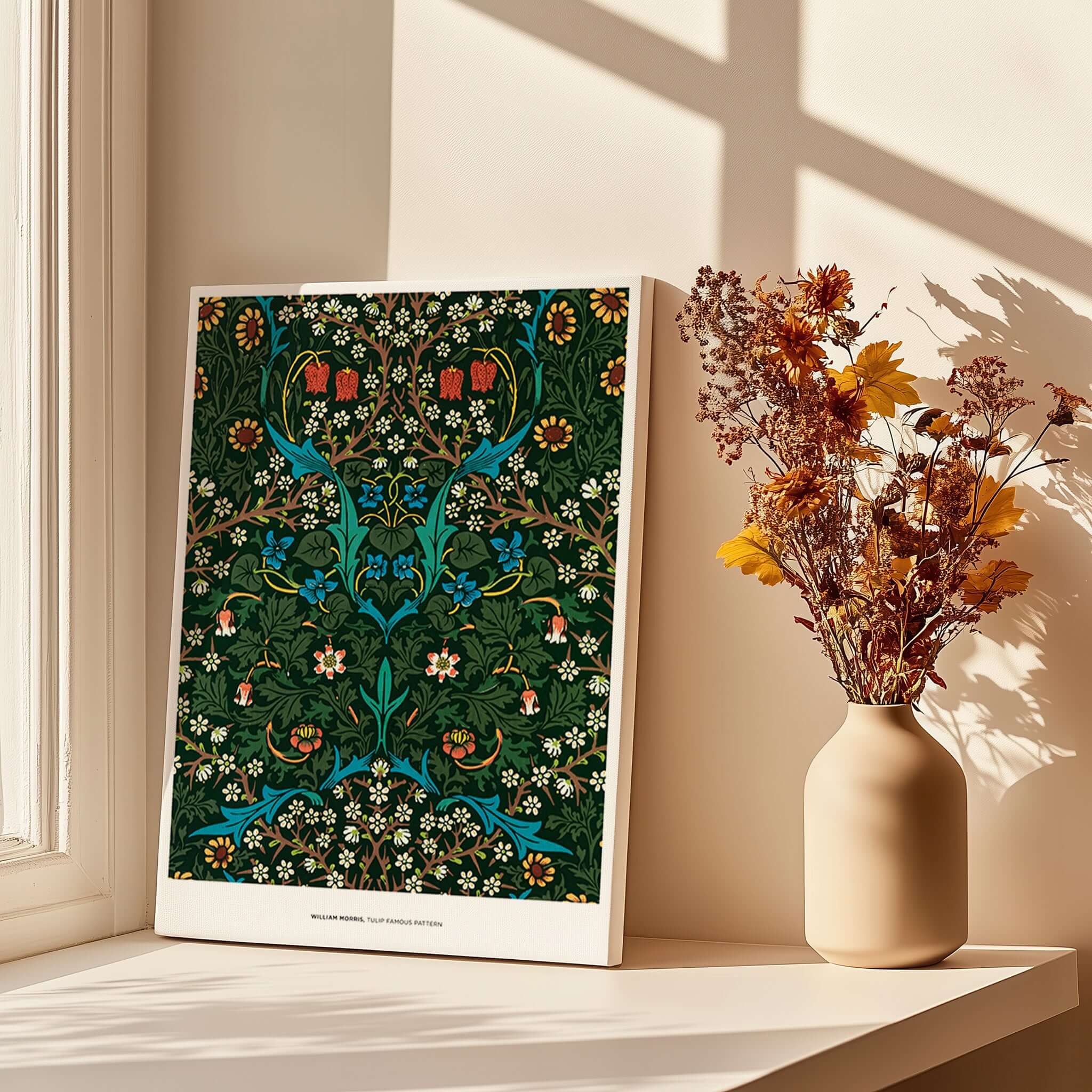 Exhibition Art Print William Morris Tulip Famous Pattern Arts Crafts Floral Poster Wall Art displayed in a sunlit room.