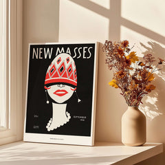 New Masses Frank Walts Art Deco Magazine Cover Poster Wall Art Print displayed near flowers in a vase.